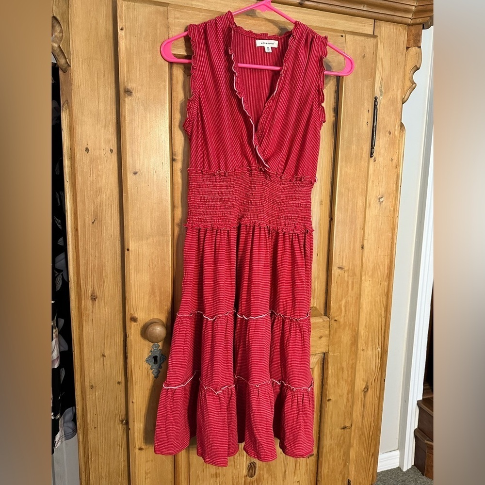 Max Studio Sleeveless Cottagecore Romantic Tiered Red Dress V Front Size XS